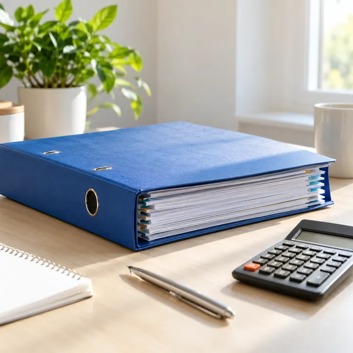Bibliorato azul con documentación contable junto a una calculadora