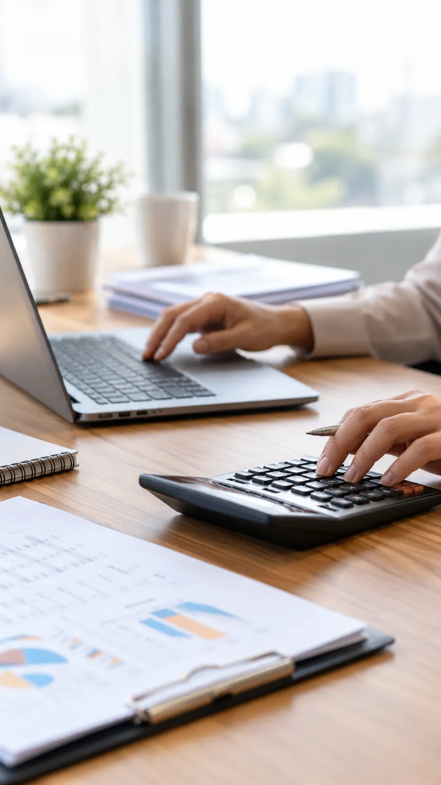 Manos con calculadora y notebook sobre un escritorio con planillas contables