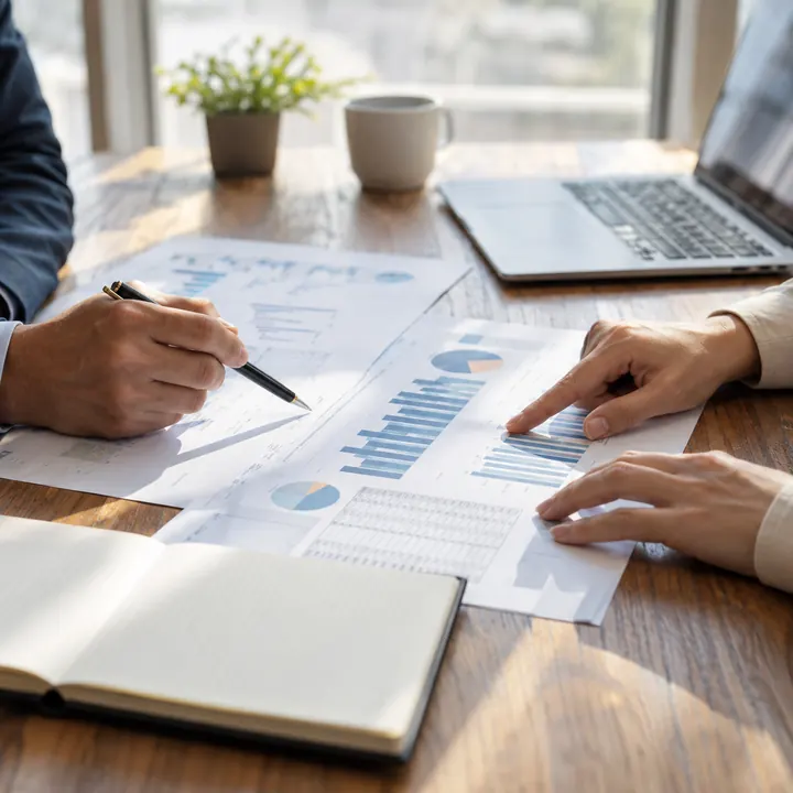 Dos personas analizando gráficos financieros impresos