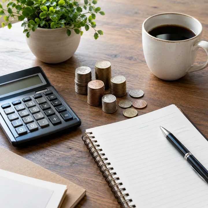 Calculadora, monedas y cuaderno sobre un escritorio de madera